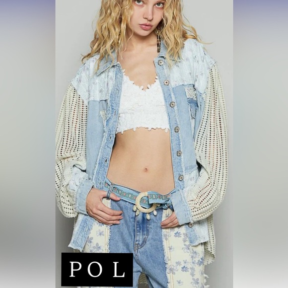 POL Tops - 431 POL Balloon sleeve lace trim woven denim jacket -Denim Patchwork4